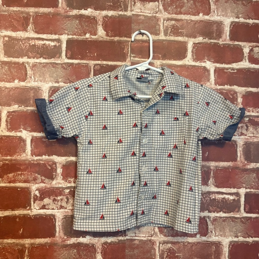 Boys boat Short-Sleeve Sailboat Print Shirt - White & Navy